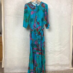 Kevan Hall Studio Belted Cerulean Blue Paisley Short Sleeve Jumpsuit NWT S